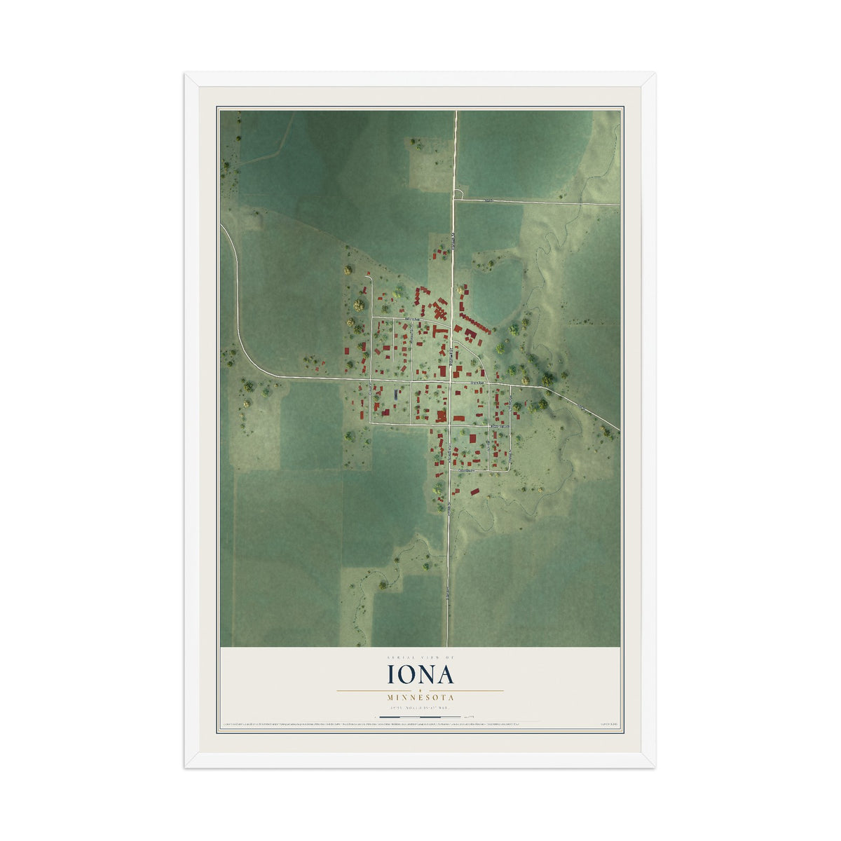Map of Iona, Minnesota, 12 x 18 inch print in a white wood frame