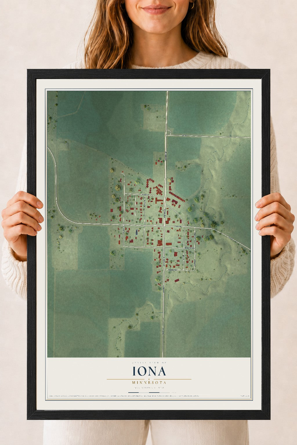 Map of Iona, Minnesota, 18 x 24 inch print in a black wood frame