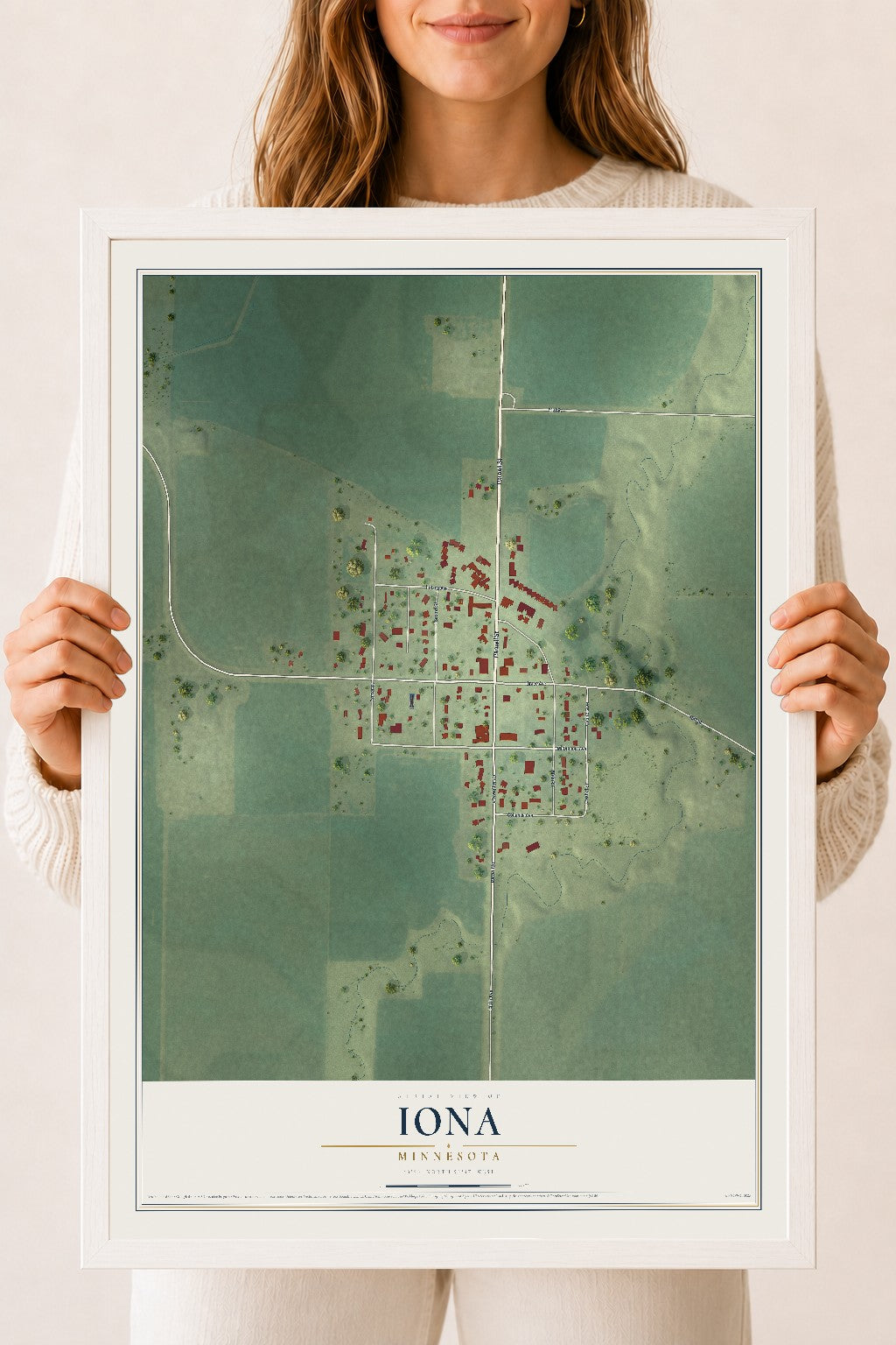 Map of Iona, Minnesota, 18 x 24 inch print in a white wood frame
