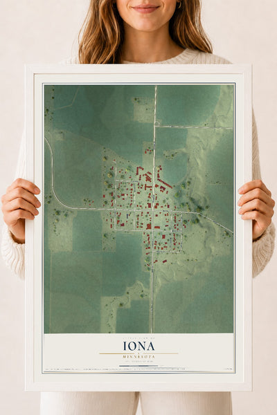Map of Iona, Minnesota, 18 x 24 inch print in a white wood frame