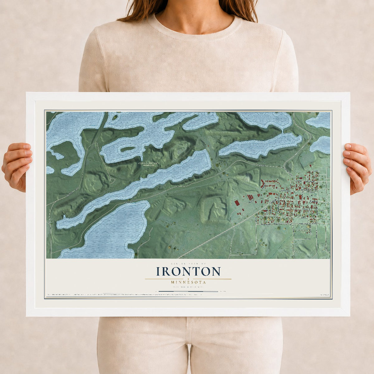 Map of Ironton, Minnesota, 12 x 18 inch print in a white wood frame