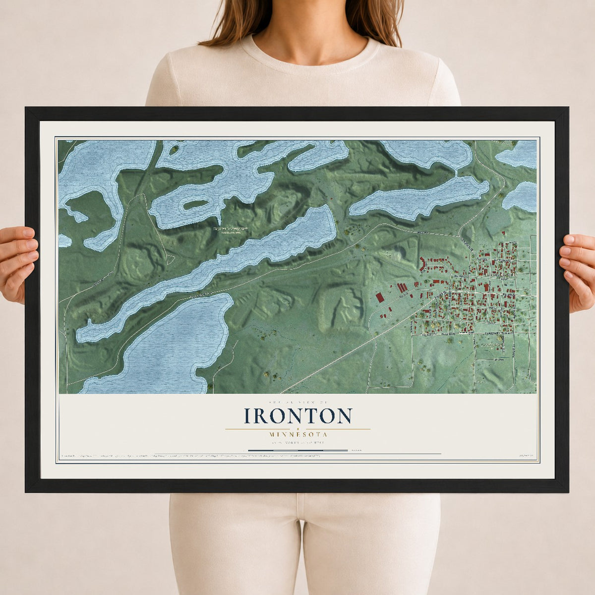 Map of Ironton, Minnesota, 18 x 24 inch print in a black wood frame