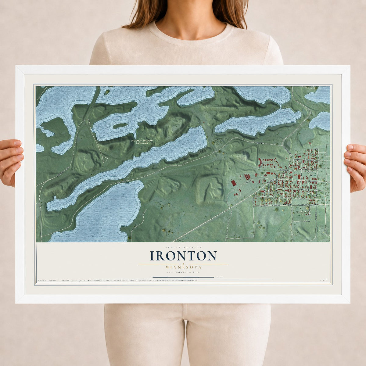 Map of Ironton, Minnesota, 18 x 24 inch print in a white wood frame