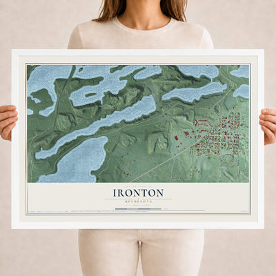 Map of Ironton, Minnesota, 18 x 24 inch print in a white wood frame