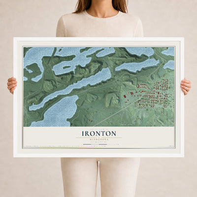 Map of Ironton, Minnesota, 24 x 36 inch print in a white wood frame