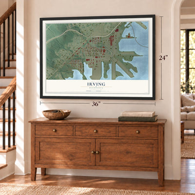 Irving, Minnesota map, 24 x 36 inch print in a black frame above a dresser by a staircase