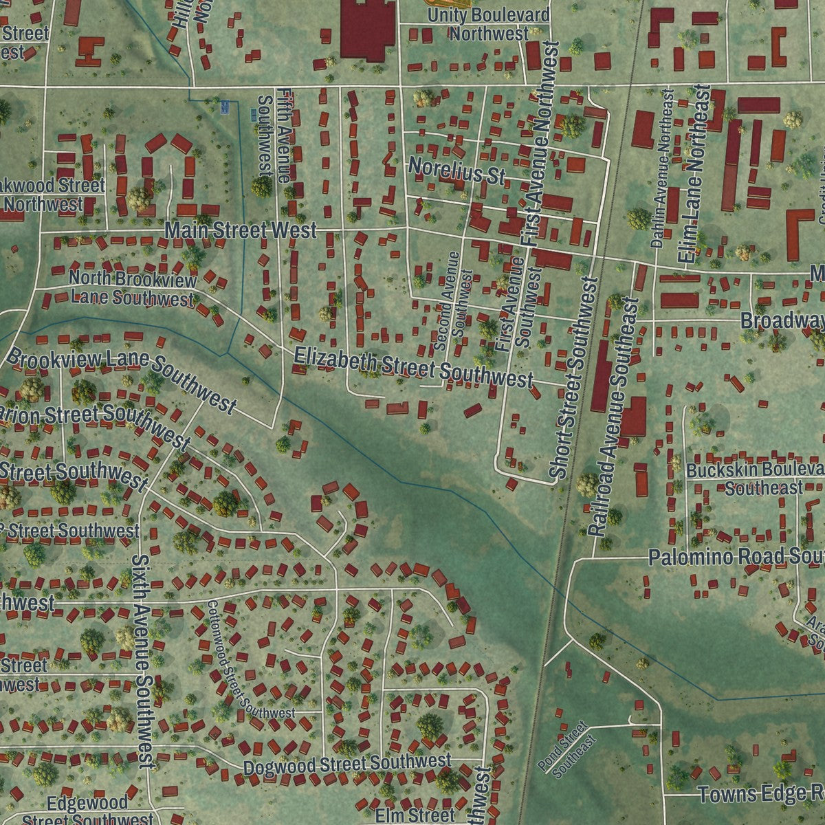 Close-up of the map of Isanti, Minnesota print showing street and building detail
