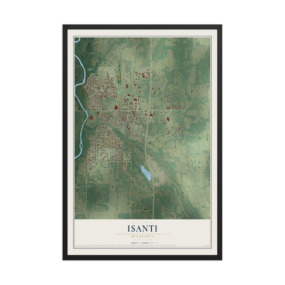 Map of Isanti, Minnesota, 12 x 18 inch print in a black wood frame