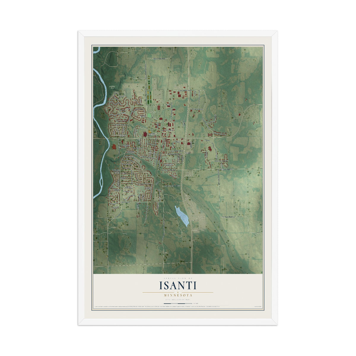 Map of Isanti, Minnesota, 12 x 18 inch print in a white wood frame