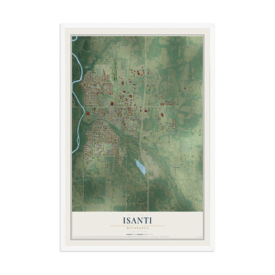 Map of Isanti, Minnesota, 12 x 18 inch print in a white wood frame