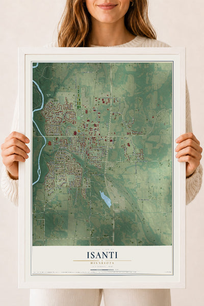 Map of Isanti, Minnesota, 18 x 24 inch print in a white wood frame
