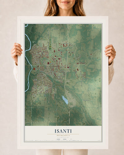 Map of Isanti, Minnesota, 24 x 36 inch print in a white wood frame