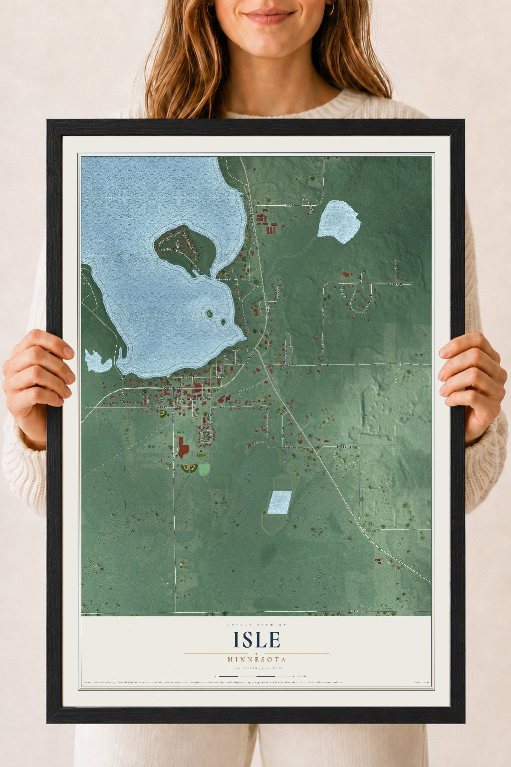 Map of Isle, Minnesota, 18 x 24 inch print in a black wood frame