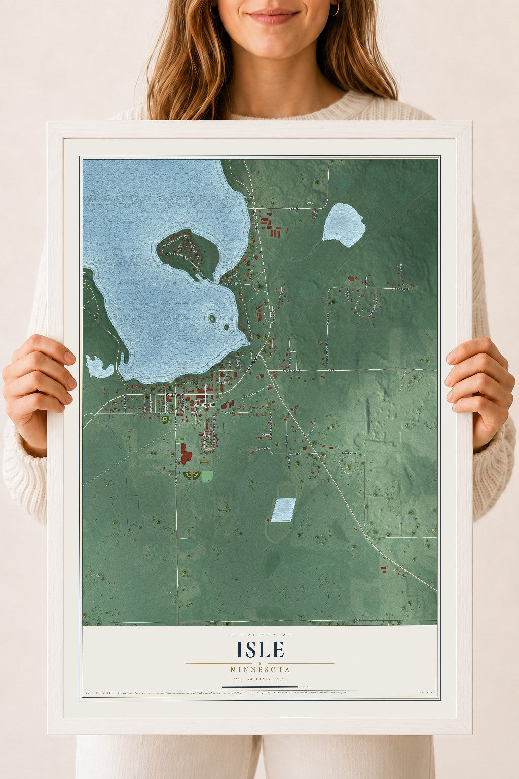 Map of Isle, Minnesota, 18 x 24 inch print in a white wood frame