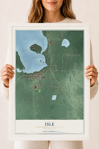 Map of Isle, Minnesota, 18 x 24 inch print in a white wood frame