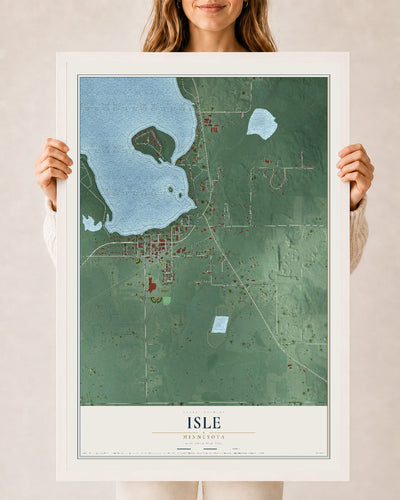 Map of Isle, Minnesota, 24 x 36 inch print in a white wood frame