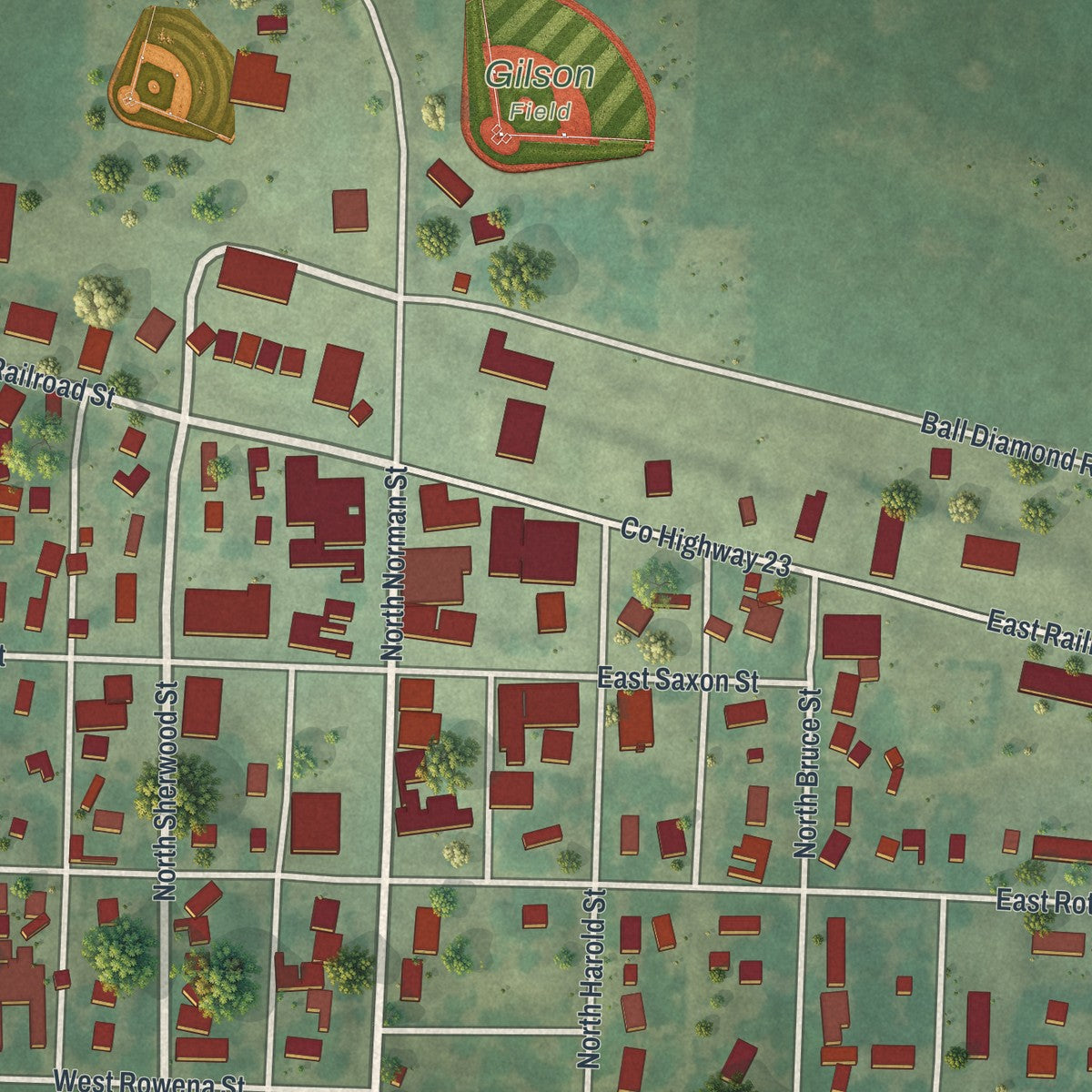 Close-up of the map of Ivanhoe, Minnesota print showing street and building detail