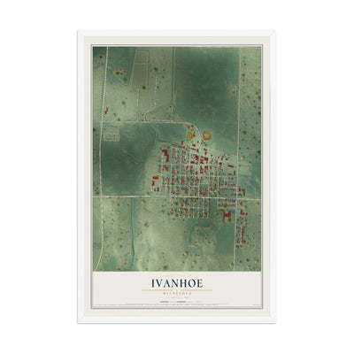Map of Ivanhoe, Minnesota, 12 x 18 inch print in a white wood frame