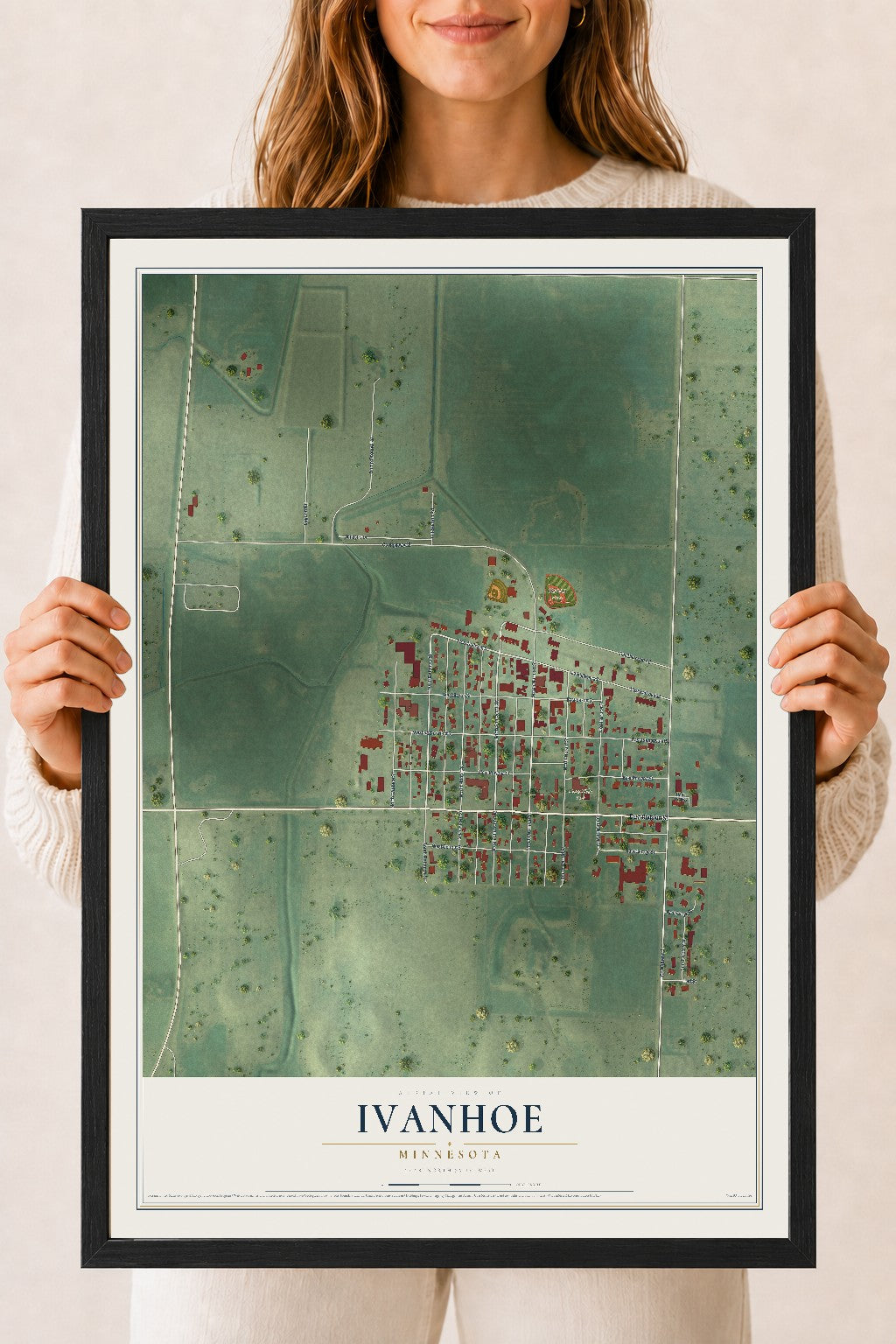 Map of Ivanhoe, Minnesota, 18 x 24 inch print in a black wood frame