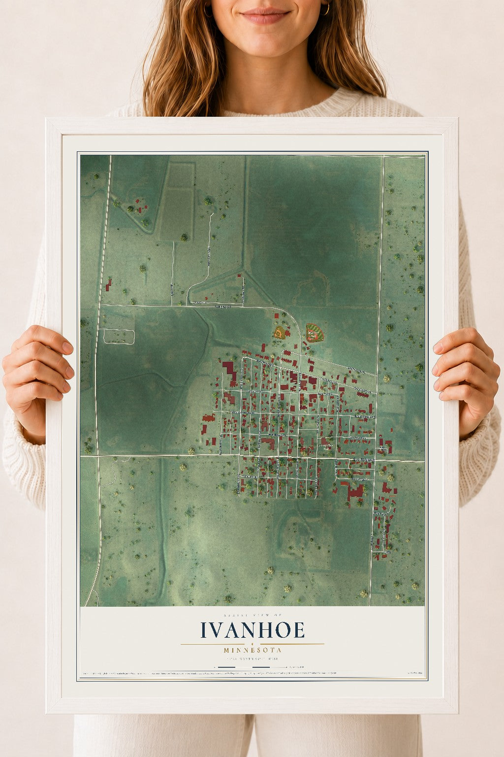 Map of Ivanhoe, Minnesota, 18 x 24 inch print in a white wood frame