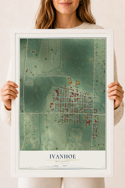 Map of Ivanhoe, Minnesota, 18 x 24 inch print in a white wood frame