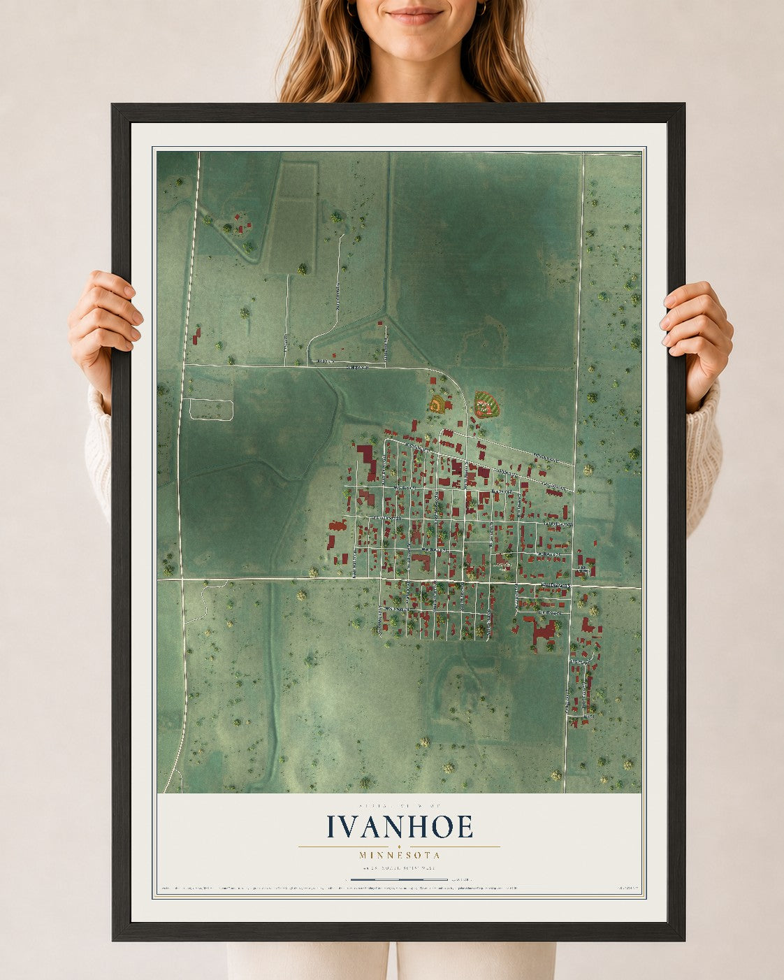 Map of Ivanhoe, Minnesota, 24 x 36 inch print in a black wood frame
