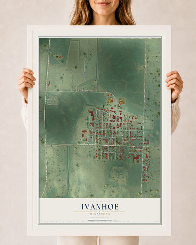 Map of Ivanhoe, Minnesota, 24 x 36 inch print in a white wood frame