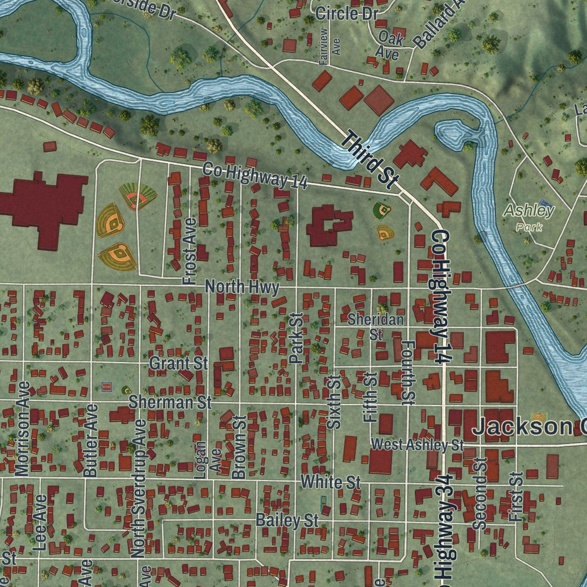 Close-up of the map of Jackson, Minnesota print showing street and building detail