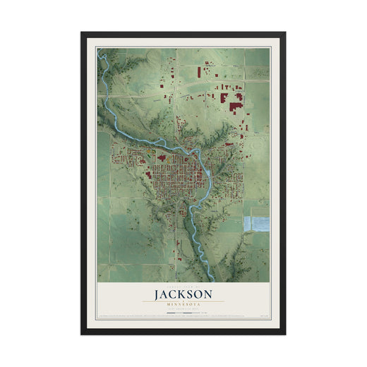 Map of Jackson, Minnesota, 12 x 18 inch print in a black wood frame