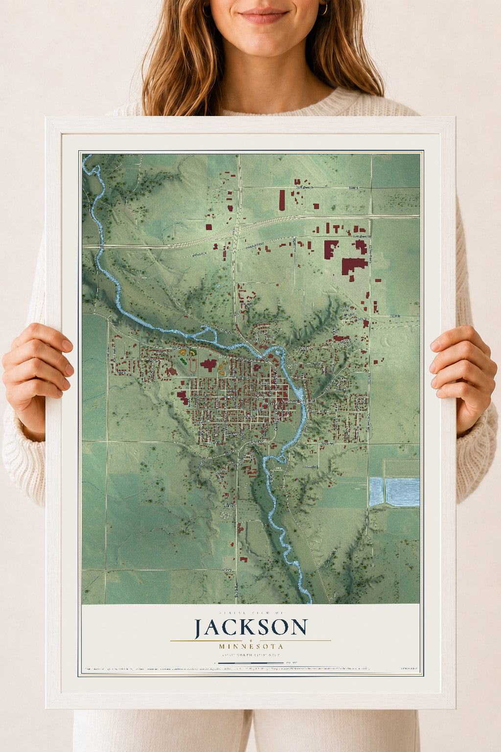 Map of Jackson, Minnesota, 18 x 24 inch print in a white wood frame