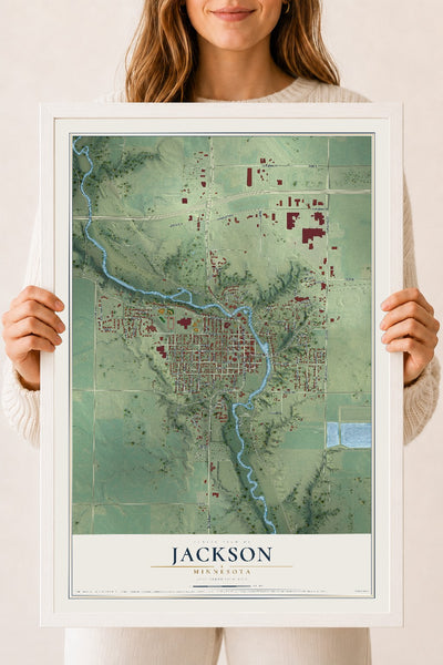 Map of Jackson, Minnesota, 18 x 24 inch print in a white wood frame