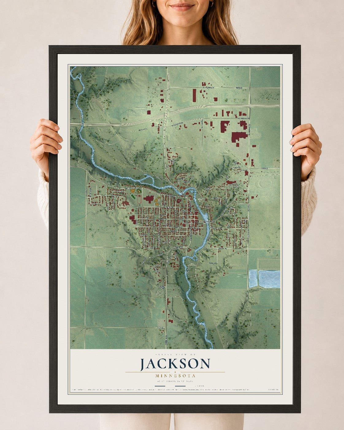 Map of Jackson, Minnesota, 24 x 36 inch print in a black wood frame