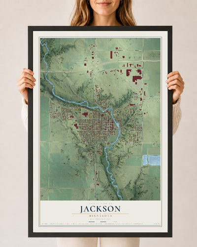 Map of Jackson, Minnesota, 24 x 36 inch print in a black wood frame