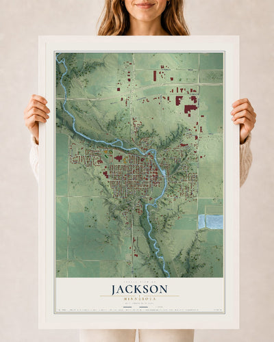 Map of Jackson, Minnesota, 24 x 36 inch print in a white wood frame