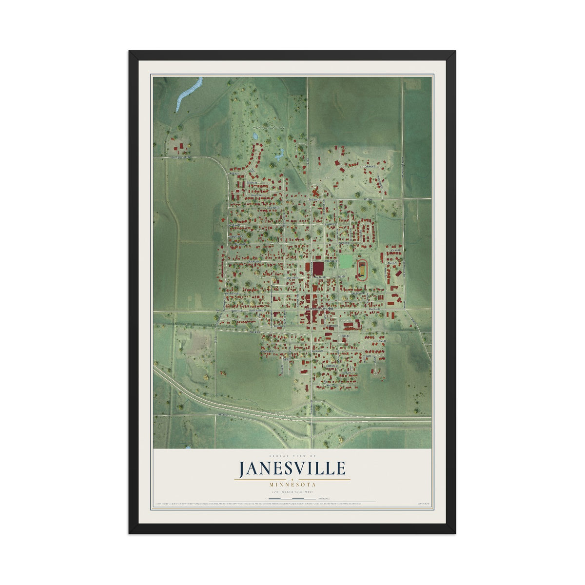 Map of Janesville, Minnesota, 12 x 18 inch print in a black wood frame