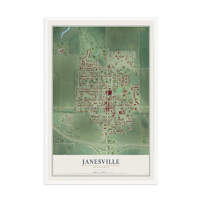 Map of Janesville, Minnesota, 12 x 18 inch print in a white wood frame