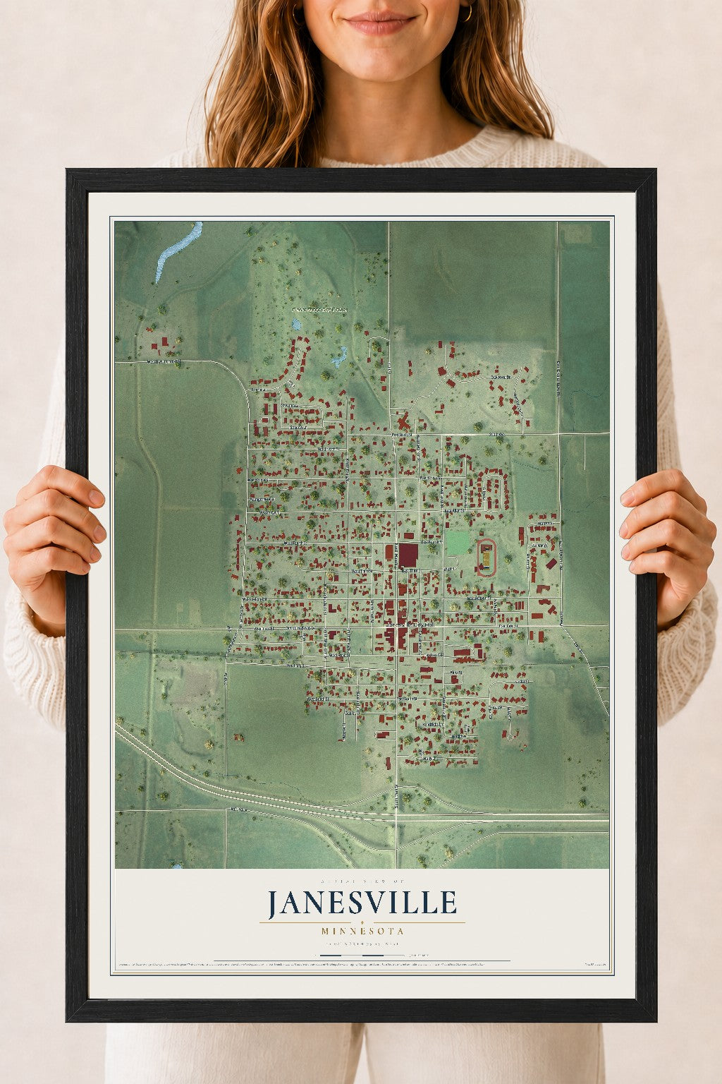 Map of Janesville, Minnesota, 18 x 24 inch print in a black wood frame