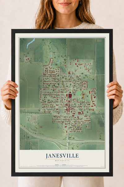 Map of Janesville, Minnesota, 18 x 24 inch print in a black wood frame