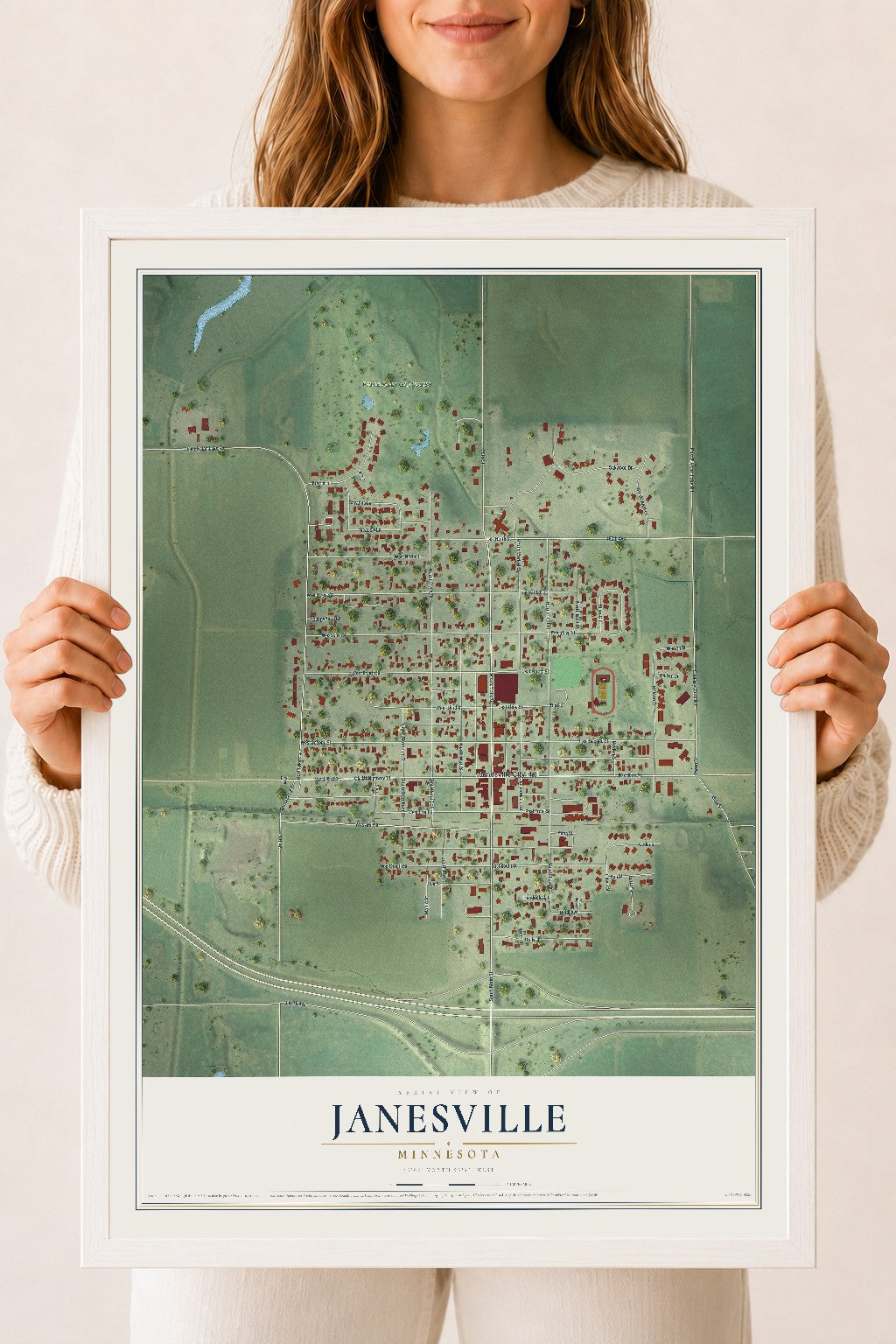 Map of Janesville, Minnesota, 18 x 24 inch print in a white wood frame