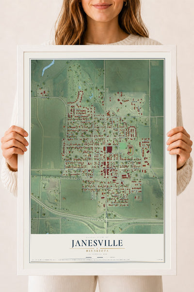 Map of Janesville, Minnesota, 18 x 24 inch print in a white wood frame