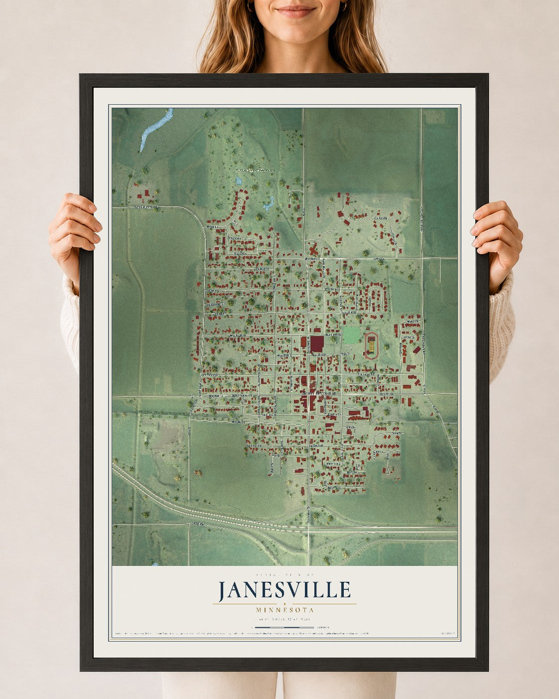 Map of Janesville, Minnesota, 24 x 36 inch print in a black wood frame