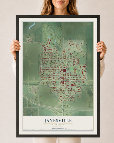 Map of Janesville, Minnesota, 24 x 36 inch print in a black wood frame