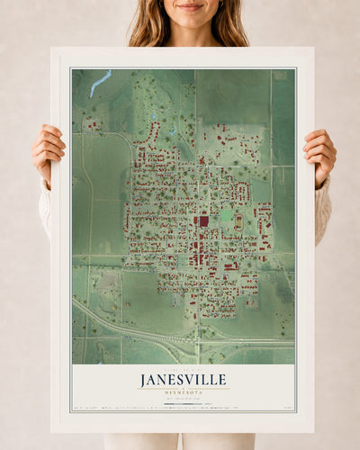 Map of Janesville, Minnesota, 24 x 36 inch print in a white wood frame