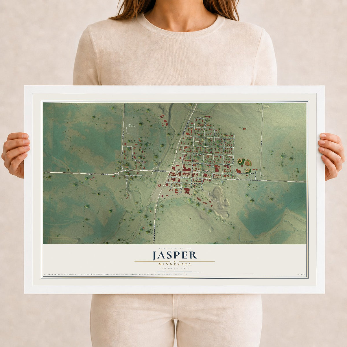 Map of Jasper, Minnesota, 12 x 18 inch print in a white wood frame