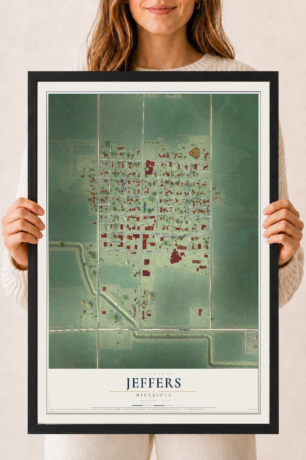 Map of Jeffers, Minnesota, 18 x 24 inch print in a black wood frame