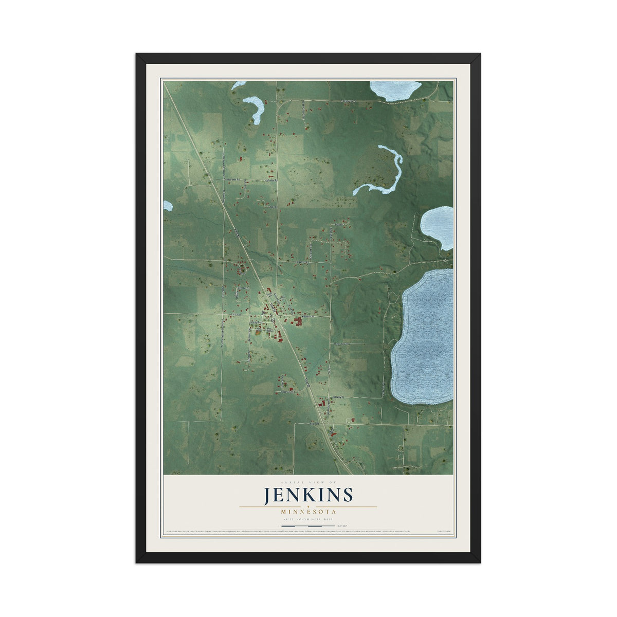 Map of Jenkins, Minnesota, 12 x 18 inch print in a black wood frame