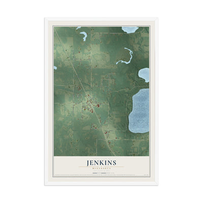 Map of Jenkins, Minnesota, 12 x 18 inch print in a white wood frame