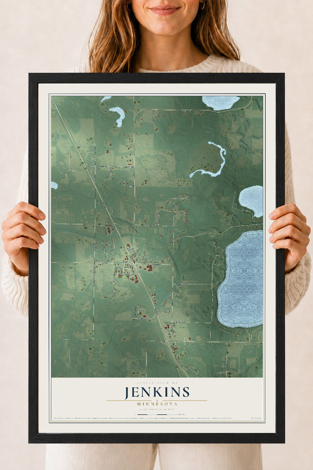 Map of Jenkins, Minnesota, 18 x 24 inch print in a black wood frame