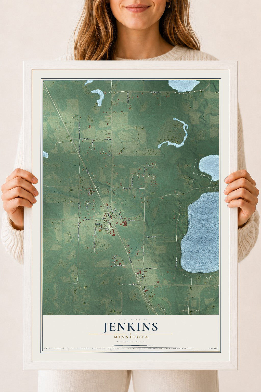 Map of Jenkins, Minnesota, 18 x 24 inch print in a white wood frame