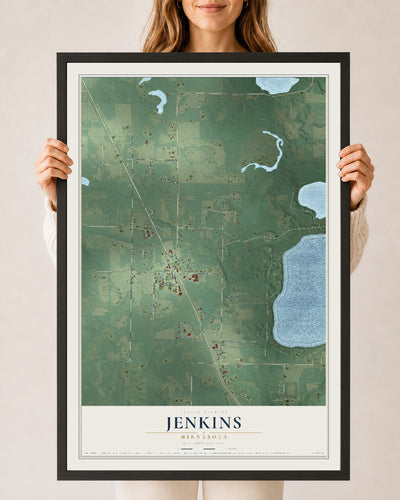 Map of Jenkins, Minnesota, 24 x 36 inch print in a black wood frame